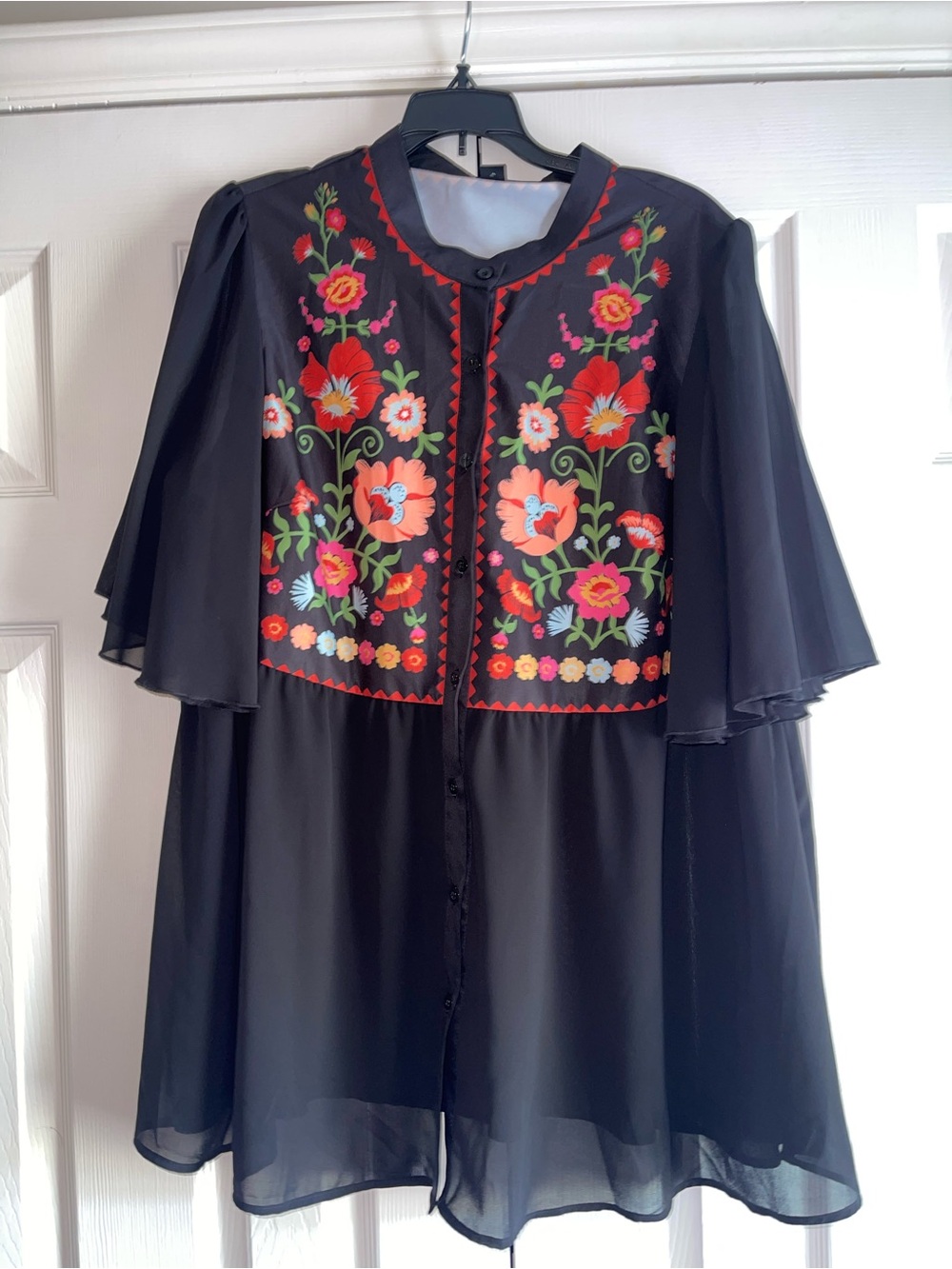 Embroidered Black Floral Button-Front Shirt